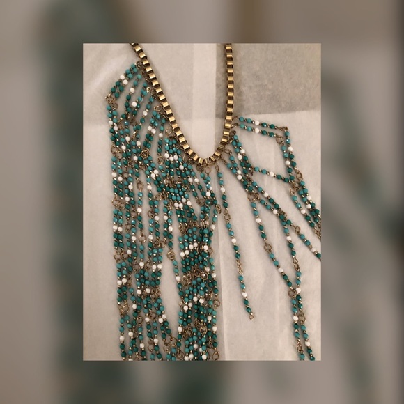 Gold, Turquoise, and White Beaded Necklace - Picture 4 of 5